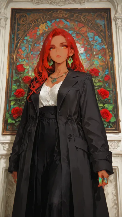 A stunning portrait of a beautiful woman, artistically drawn and meticulously detailed. A midi-length skirt and tailored jacket are the perfect winter trend.

An elegant red-haired girl (adult female) (tanned skin, long crimson hair), orange eyes, perfectl...