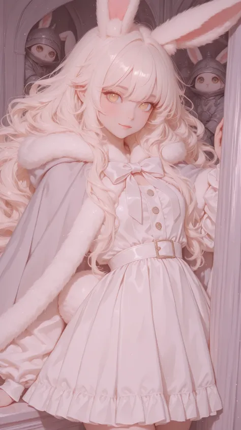 high quality, masterpiece, ultimate detail, 1 girl, Long Rabbit Ears , fluffy long hair, Cream Hair, Soft texture like rabbit hair, big kind eyes, Fluffy White Dress, fluffy cape , bow on neck, cute expression peeking through a grey surface, Focus on the r...