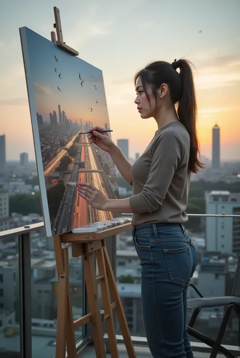masterpiece, 8k, Highest Quality, detail, high resolution, Digital Photo, ultra detailed, hyperrealistic photograph of asian woman painting urban landscape that becomes real, female artist in casual clothes standing at easel on city rooftop, her canvas sho...