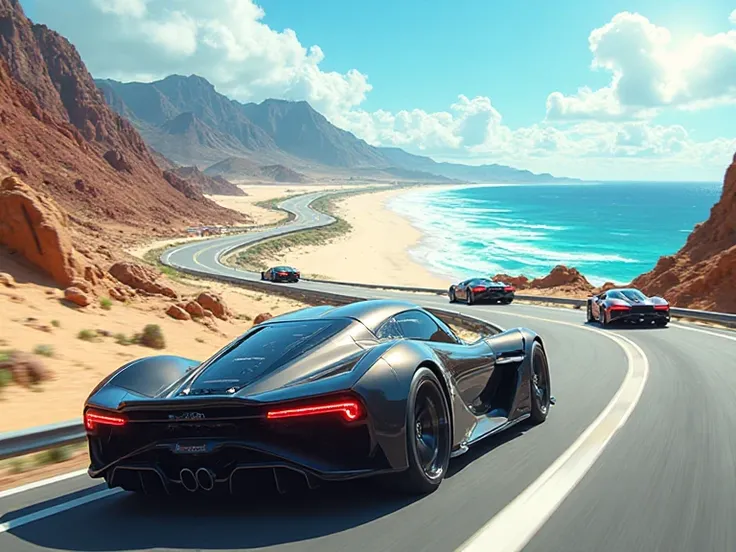 Anime luxury car race group boy beach highway futurist volcanic California w motorsports 