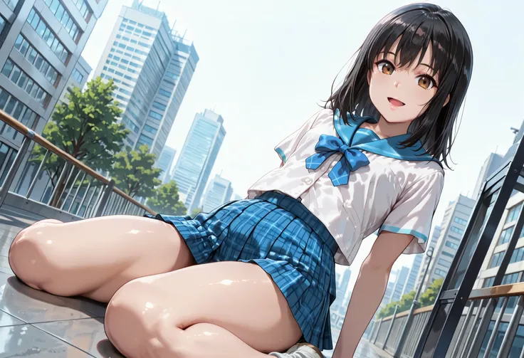 1girl, solo, looking at viewer, ((aayukina, brown eyes, black hair, school uniform, blue sailor collar, blue bow, white shirt, short sleeves, blue skirt, pleated skirt, plaid skirt, Smaller chest, )) , ((mini skirt)),((thighs)), sitting, floor, wariza, 1gi...
