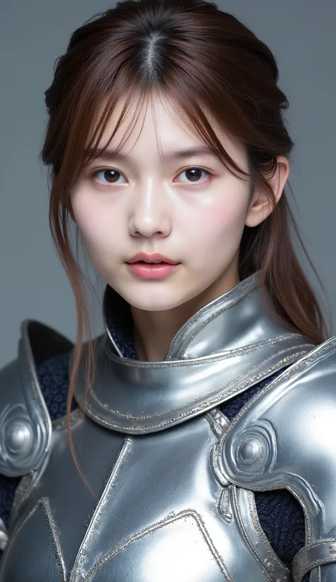 neat young woman wearing luxurious silver armor、、female knight、前髪あり、、、ear piercings、looking at camera、looking directly in front、歯を見せた笑顔、、face close-up、grey background、