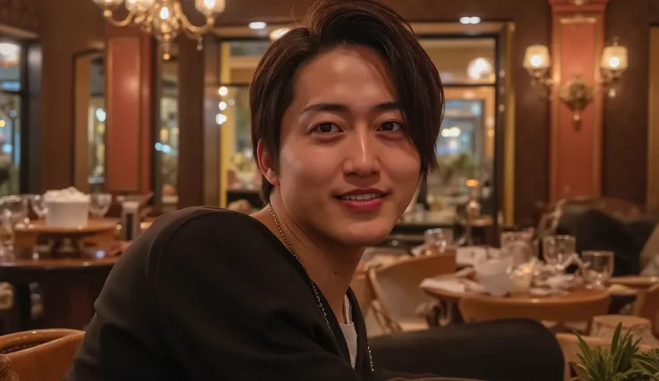 A handsome Japanese man, positioned sideways but with his face turned toward the camera. His face is close to the viewer, filling the frame so that mainly his neck and face are visible, with the rest blending into the background. His expression is moody, s...