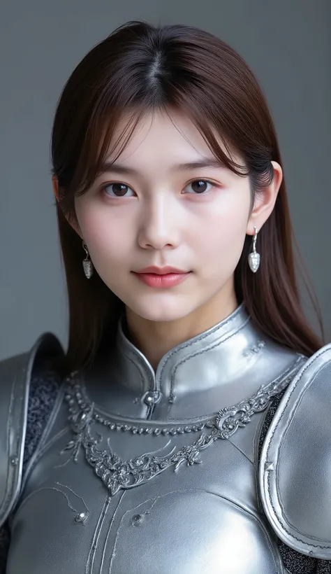 neat young woman wearing luxurious silver armor、、female knight、兜をかぶっている、、、、ear piercings、looking at camera、looking directly in front、No expression、is closing his mouth、face close-up、grey background、