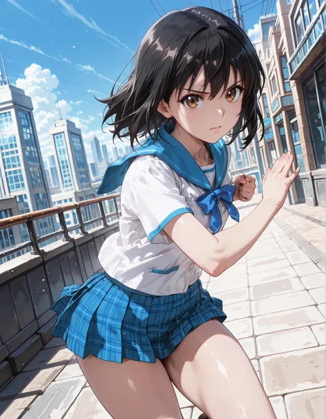 (1girl, solo:1.3), masterpiece, best quality, very aesthetic, 16k, high resolution cel anime, ultra detailed beautiful face and eyes and hair, short body, aayukina, brown eyes, black hair, school uniform, blue sailor collar, blue bow, white shirt, short sl...