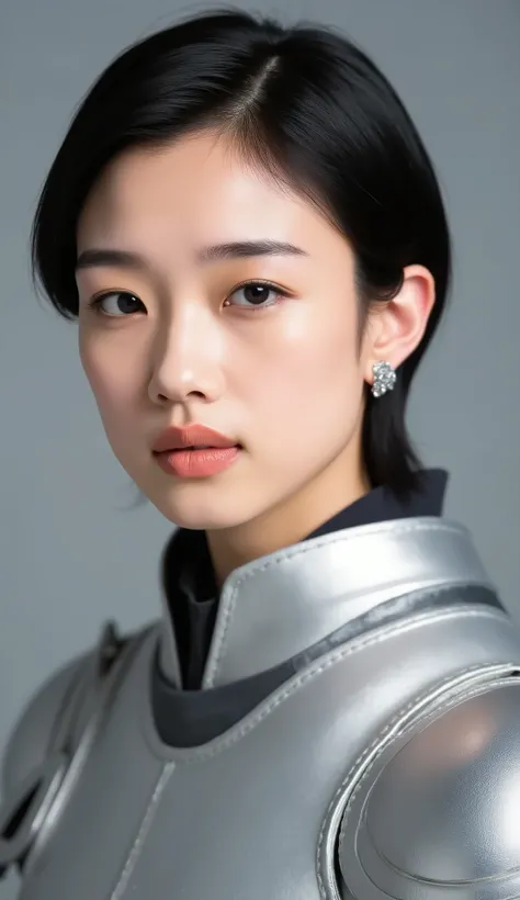 neat young woman wearing luxurious silver armor、、female knight、韓国人女性、髪型ショートボブ、、ear piercings、looking at camera、looking directly in front、、face close-up、grey background、

