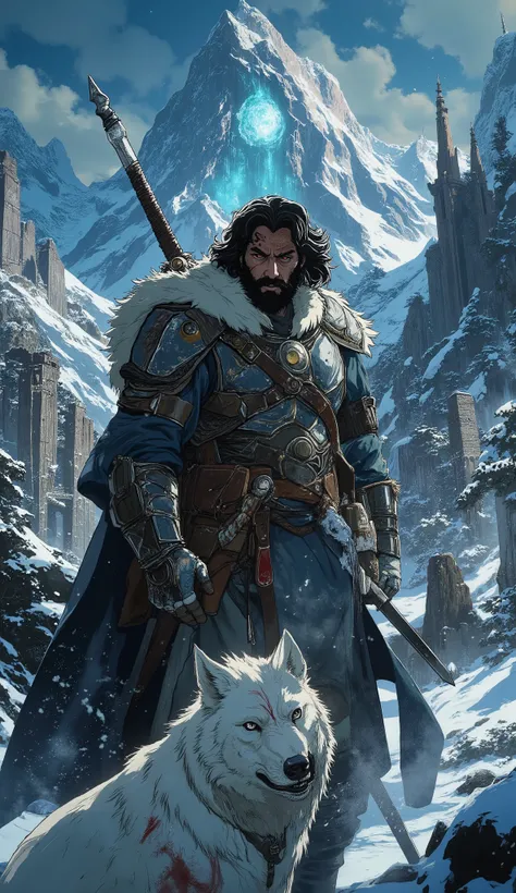 Winter-themed dark fantasy scene inspired by My Hero Academia. A fierce, muscular warrior with long hair and a thick beard, covered in battle scars, stands in a snow-whipped landscape. His intense gaze radiates heroic determination. He wears rugged armor r...