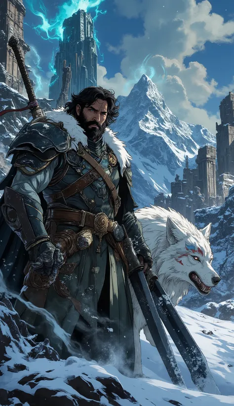 Winter-themed dark fantasy scene inspired by My Hero Academia. A fierce, muscular warrior with long hair and a thick beard, covered in battle scars, stands in a snow-whipped landscape. His intense gaze radiates heroic determination. He wears rugged armor r...