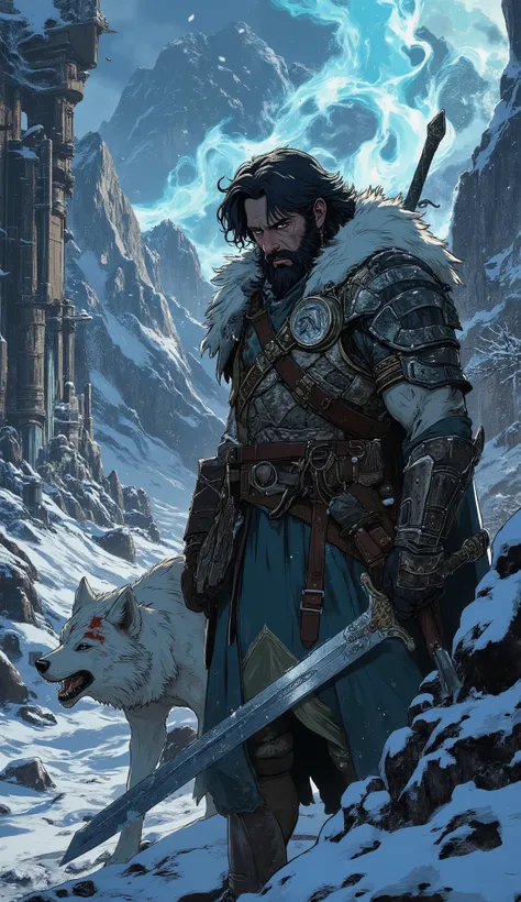 Winter-themed dark fantasy scene inspired by My Hero Academia. A fierce, muscular warrior with long hair and a thick beard, covered in battle scars, stands in a snow-whipped landscape. His intense gaze radiates heroic determination. He wears rugged armor r...