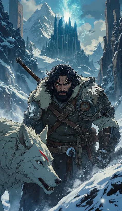 Winter-themed dark fantasy scene inspired by My Hero Academia. A fierce, muscular warrior with long hair and a thick beard, covered in battle scars, stands in a snow-whipped landscape. His intense gaze radiates heroic determination. He wears rugged armor r...