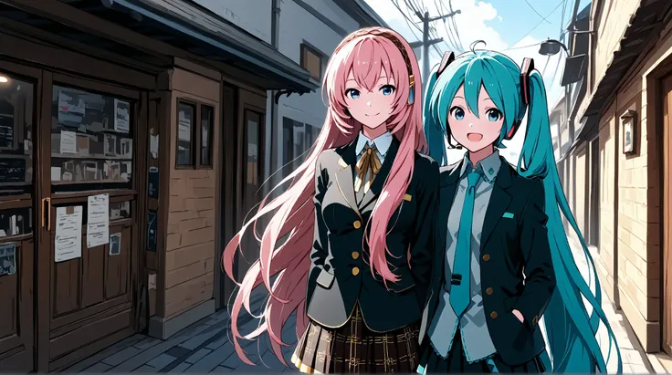 Megurine Luka,Hatsune Miku,High Fine, EXTERIOR, smile, mouth, top quality