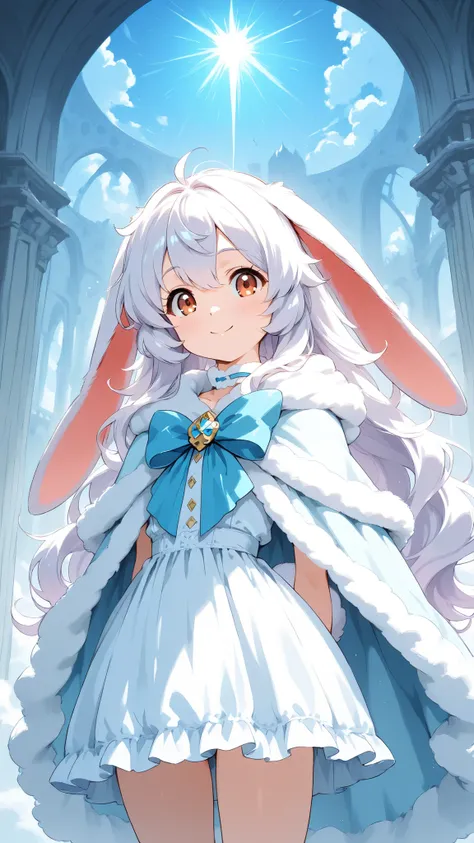 high quality, masterpiece, ultimate detail, 1 girl, Long Rabbit Ears ,droopy ears, fluffy long hair, Cream Hair, soft texture like rabbit hair, big kind eyes, Fluffy White Dress, fluffy cape , Big Ribbons on Her Neck, cute expression peeking through a grey...