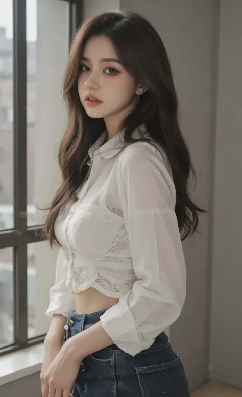 photorealistic a young woman with hair Jet black that reaches the middle of his back, with a white semi-transparent cotton blouse with a delicate fabric that captures light, thin enough to reveal the subtle outline of her lace bralette below, combined with...