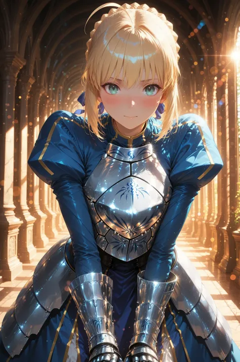 1 Beautiful Girl, solo:1.2, beautiful, clear skin, soft eyes, 4 fingers, saber, (fate/stay night) , artoria pendragon, side lock, Group, hair ribbon, breastplate, Armored Dress, long sleeve, Juliet Sleeve, gauntlet with armor, faulds, (Blush, leaning forwa...