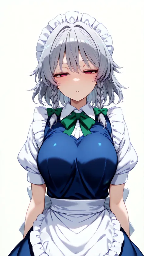 half-closed eyes,empty_eyes,1girl, izayoi sakuya (touhou), pink eyes, maid, medium hair, twin braids, grey hair, maid headdress, blue dress, puffy short sleeves, maid apron, waist apron, white apron, green bow, hair bow, waist bow, white bow,arms at sides ...