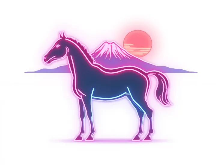 a stylized neon-themed full-body horse outlined with glowing neon lines in pink, blue, and purple, abstract and elegant design, minimalistic details, not cartoonish, standing gracefully. behind the horse, a simplified neon-style Mount Fuji and a rising sun...