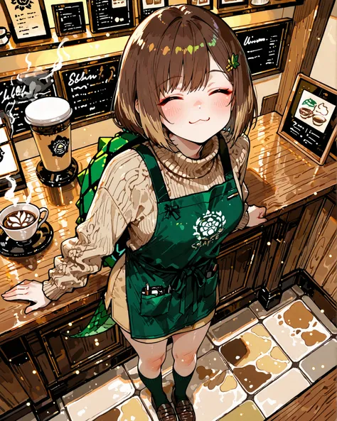 masterpiece, best quality, ultra-detailed, perfect anatomy, 
748cmstyle, 
solo, 1girl, turtle-girl barista, coffee shop owner, 
standing, full body, from above, graceful slow movement, welcoming vibe, 
brown hair bob cut, small tortoiseshell-pattern hair c...