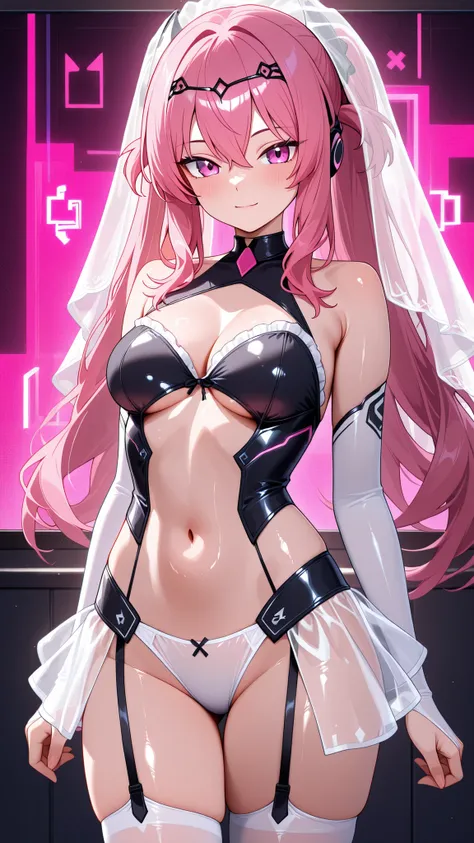 solo, grace_sveg, pink hair, Tight waist、Small waist、shiny Skin ,  (upper body), light smile,  skin tight,chrono pattern,meme attire,revealing dress,see-through dress,white and black dress,see-through underwear,halter high neck,bridal gauntlets,cleavage,un...
