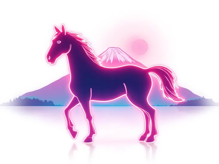 a stylized neon-themed full-body horse outlined with glowing neon lines in pink, blue, and purple, abstract and elegant design, minimalistic details, not cartoonish, standing gracefully. behind the horse, a simplified neon-style Mount Fuji and a rising sun...