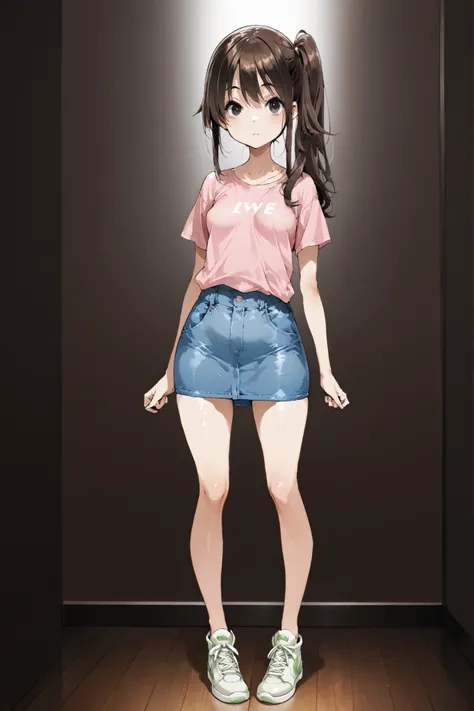 Full Body、stands up、AnkoT_T2V0、looking at viewer、dark eyes、dark brown medium long hair、side ponytail、((small tits))、light pink t-shirt、denim skirt、white and green sneakers、elementary school student