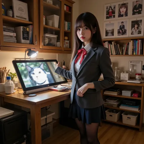 ultra-realistic, photorealistic, dramatic scene, shadow, global-illumination, solo, (age Japanese famous idol girl), very beautiful fragile Japanese girl, very beautiful with very cute but boyish cool face, (very large breasts), slim waist, (wearing a gray...