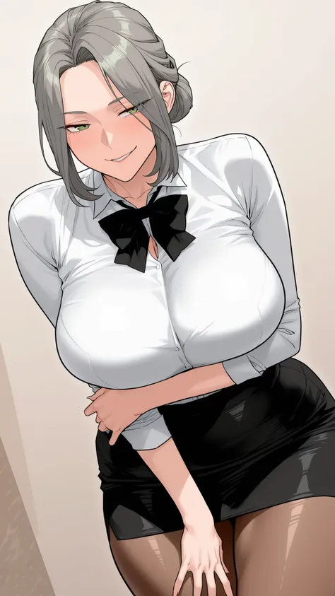 (masterpiece, very aesthetic, absurdres, expressive, perfect face, cartoon style, solo,) 
(white background:0.9), 
(sexy mature milf with grey hair bun, green eyes and big breasts), (wearing white shirt, black bowtie, black miniskirt, brown pantyhose), (se...