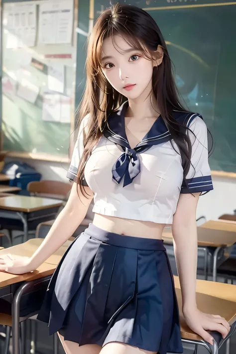 ( Super High Definition), (I'm looking over here), (Sailor Suit:1.1, Flared Skirt:1.1), (Big Breasts:1.2), (Slimness:1.8), ( Read more:1.4), (thin thighs:1.4), (thin hips:1.6), ( beautiful skin, shiny skin, white skin), (Super slim face, Super beautiful ...