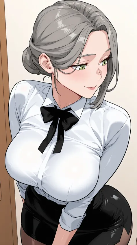 (masterpiece, very aesthetic, absurdres, expressive, perfect face, cartoon style, solo,) 
(white background:0.9), 
(sexy mature milf with grey hair bun, green eyes and big breasts), (wearing white shirt, black bowtie, black miniskirt, brown pantyhose), (se...