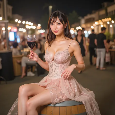 The famous Japanese top gravure idol sits lightly on a wine barrel when Beaujolais Nouveau was lifted、people around々is also enjoying a blessed wine thanksgiving、The top idol is holding a wine glass in her hand and lowering her arms、she is wearing a beautif...