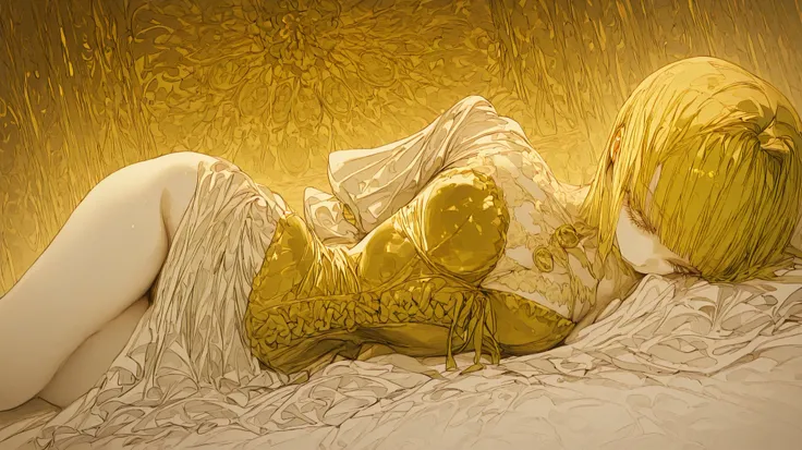 ((By side)), 1girl, lying, baroque Victorian classic ball gown. The dress is a deep black velvet with intricate gold embroidery and elegant white lace ruffles. It features a high, covered neckline in the front, and a unique, daring 'upper butt' keyhole cut...