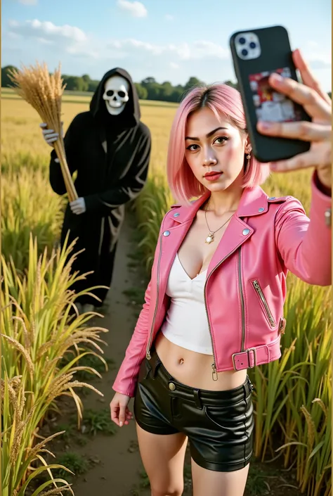 High resolution DSLR photo, realistic live-action style.
Photorealistic. In a rice field, a young woman with light pink bob cut hair, deep orange eyes, wearing a pink leather jacket over a revealing white crop sleeveless top and short black leather shorts ...