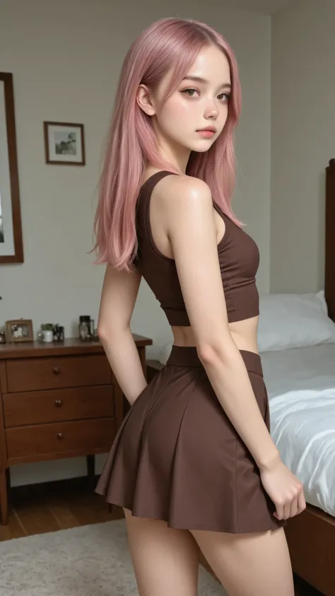 1 girl, pink hair, long hair, brown eyes, small breasts, looking at viewer, (youthful teenager:1.0), (full bust:1.1), (large thigh:1.0), (slim waist:1.0), (dynamic pose:0.8), (natural facial expression:0.6), (detailed background:1.0), (realistic texture:1....