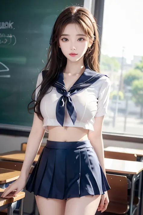 ( Super High Definition), (I'm looking over here), (Sailor Suit:1.1, Flared Skirt:1.1), (Big Breasts:1.2), (Slimness:1.8), ( Read more:1.4), (thin thighs:1.4), (thin hips:1.6), ( beautiful skin, shiny skin, white skin), (Super slim face, Super beautiful ...