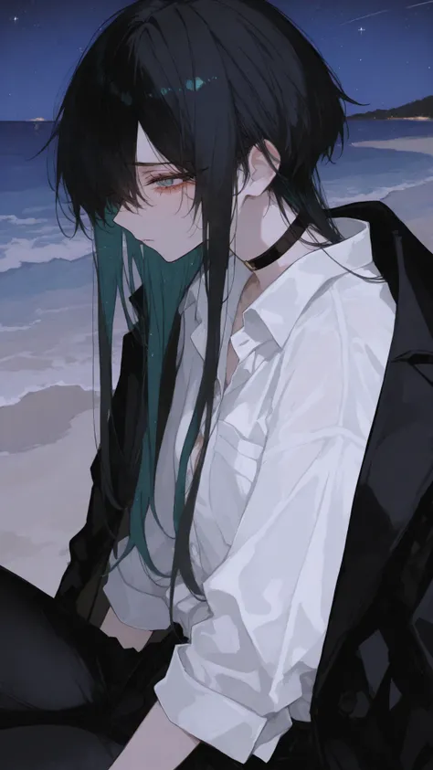 girl,Black-haired,long hair, Boyish, Sharp gaze eye,side view,White Office Shirt,Black Jacket,Black pants, Choker, tomboy,hair between close eye,beach,side view,sit,sad, stars,long hair,