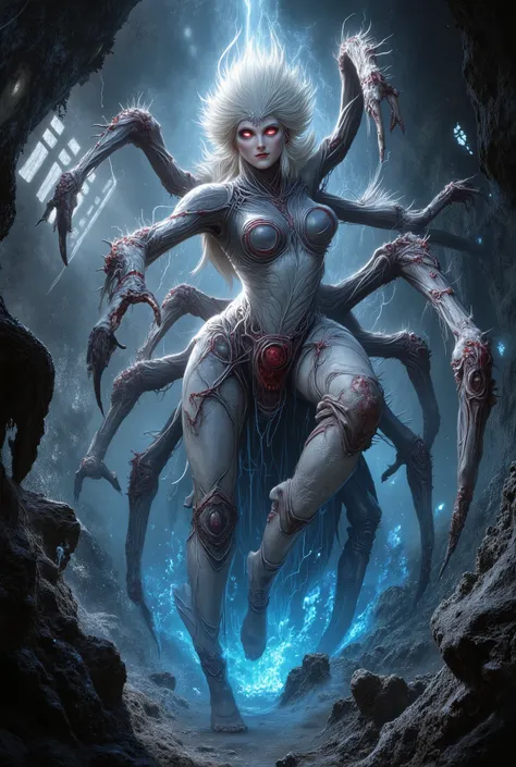 "realistic spider queen, female humanoid upper body fused with monstrous spider legs, white chitin armor, bioluminescent red eyes, multiple eyes on forehead, dark white and crimson tones, highly detailed organic textures, sinister expression, fantasy horro...