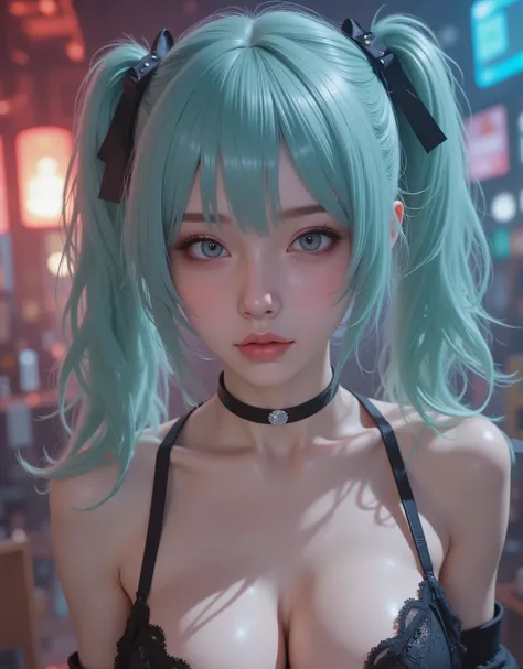 low angle (hyperrealistic) The ((Hatsune Miku)),rostro hermoso,hair ((verThe esmeralda)),((very long twin pigtails)),eyes granThes,eyes ((verThe esmeralda ultraThetallados)),Thetalles finos en el rostro,pestañas largas y Thefinidas,textura realista The pi...