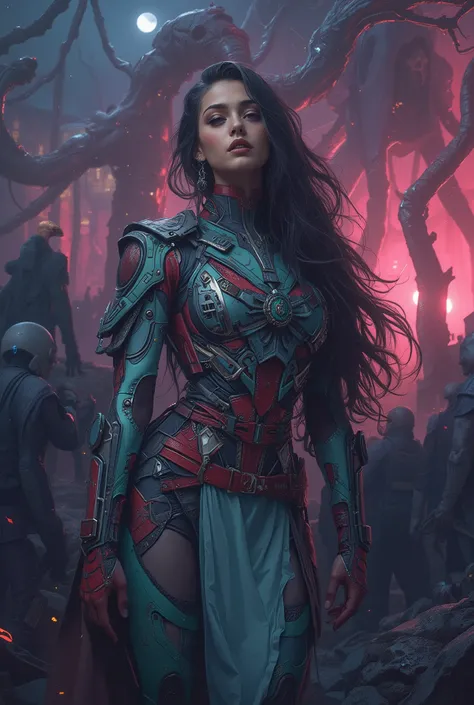 (A stunning tall woman is posing like a fashion model:1.5), (She is an anti-hero wearing intricated desighned vivid indigo and light green and dark gray and scarlet uniform:1.7), neon colored mechanical biomorphism, horror art, intricate details, maximalis...