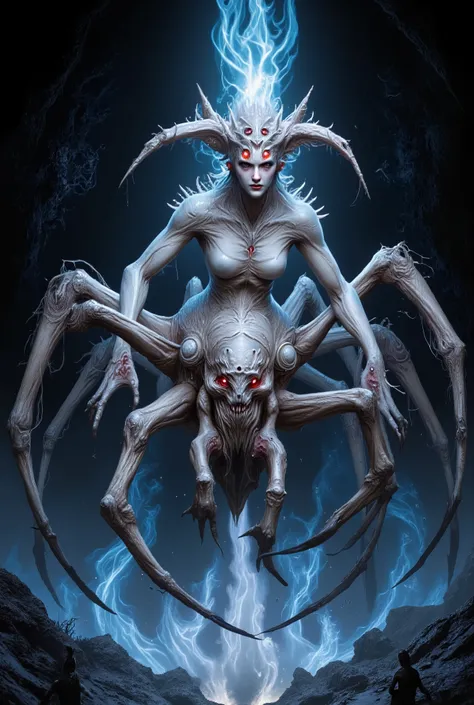 "realistic spider queen, female humanoid upper body fused with monstrous spider legs, white chitin armor, bioluminescent red eyes, multiple eyes on forehead, dark white and crimson tones, highly detailed organic textures, sinister expression, fantasy horro...