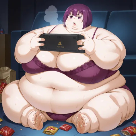 Shion, 1girl, short hair, purple hair, purple eyes, bangs, bra and panties, sitting on floor, playing video games, breasts, fat, chubby, obese, fat neck, multiple chins, big breasts open mouth, out of breath, Larger female, full body shot, only head, large...