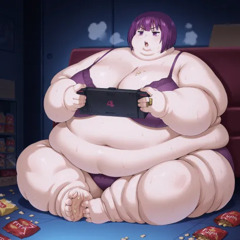 Shion, 1girl, short hair, purple hair, purple eyes, bangs, bra and panties, sitting on floor, playing video games, breasts, fat, chubby, obese, fat neck, multiple chins, big breasts open mouth, out of breath, Larger female, full body shot, only head, large...