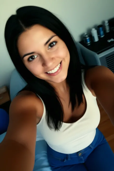Authentic selfie photo of a dark-haired duck, Selfie amateur, A 22-year-old Italian girl wearing jeans and a casual top. She's smiling casually, with minimal makeup, in an informal setting like her bedroom. the background shows some personal objects, film ...