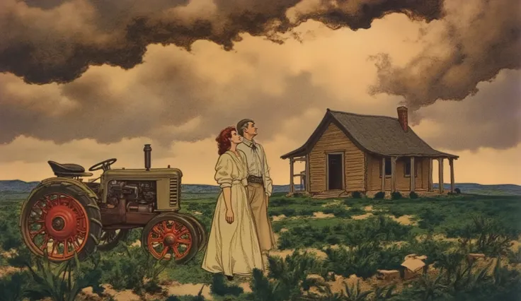 shippengreen1 illustration.
Two people, a man and a woman both dressed in mid 20th century clothing, standing outdoors, looking up at the sky. A small frontier cabin is nearby with wisps of smoke coming from the chimney. There is a small garden and early 1...