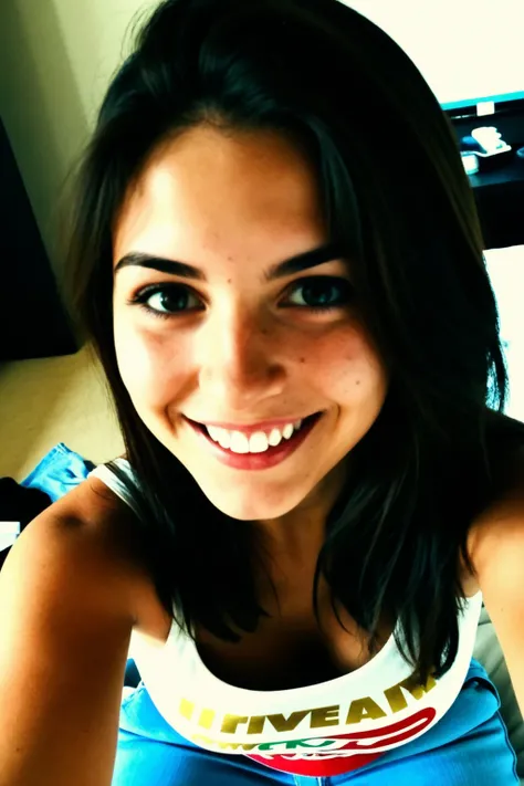 Authentic selfie photo to share, Selfie amateur, A 22-year-old Italian girl wearing jeans and a casual top. She's smiling casually, with minimal makeup, in an informal setting like her bedroom. the background shows some personal objects, film grain, film f...