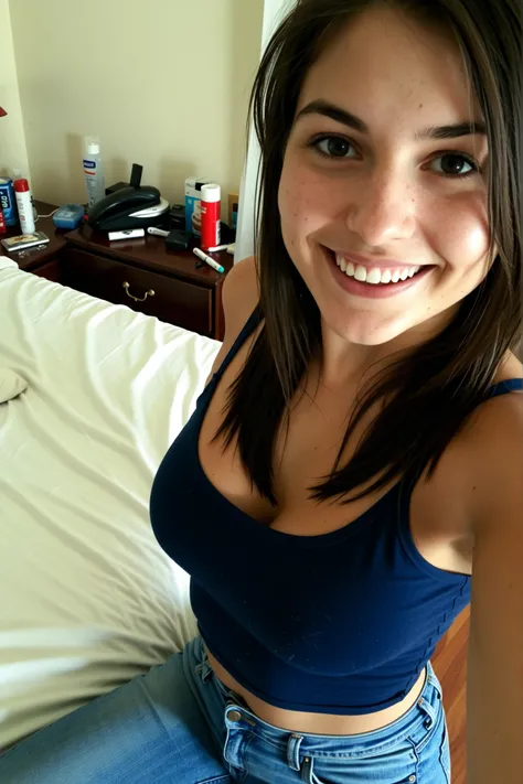Authentic selfie photo to share, Selfie amateur, A 22-year-old Italian girl wearing jeans and a casual top. She's smiling casually, with minimal makeup, in an informal setting like her bedroom. the background shows some personal objects, film grain, film f...