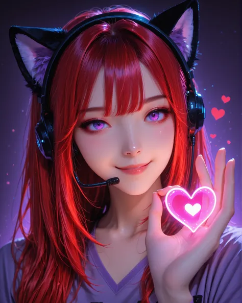 Front angle, close-up (masterpiece, 4K, ultra-detailed, vivid and vibrant colors), {iJessy}: (a beautiful and attractive woman with long red hair falling over her shoulders, purple eyes, wearing a black headset RGB with cat ears and light, wearing a plain ...