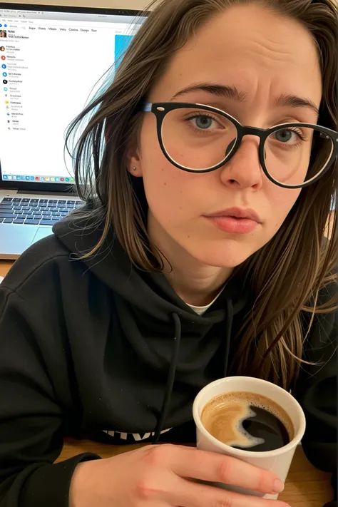 19yo young women, 2023, home office, hoodie, glasses, laptop glare, messy desk, coffee spill, tired eyes, dim room, compressed Zoom screenshot, authentic chaos, realistic fatigue, Twitter post, she a swedish baddie, close, authentic-shared,