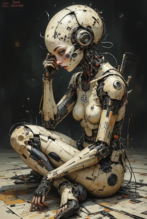 biomechanical female robot made of letters sits on the ground, robot with her head resting on its knees, beige, black, dark background, Letterism style, typographic abstraction, expressive lettering, fragmented words, dynamic text, experimental calligraphy...