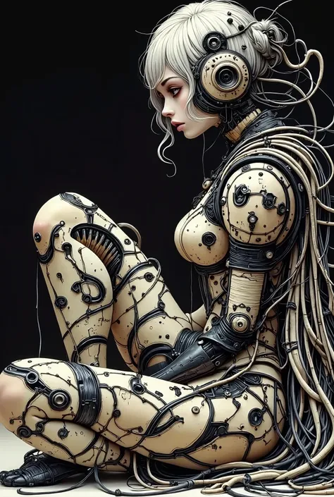 biomechanical female robot made of letters sits on the ground, robot with her head resting on its knees, beige, black, dark background, Letterism style, typographic abstraction, expressive lettering, fragmented words, dynamic text, experimental calligraphy...