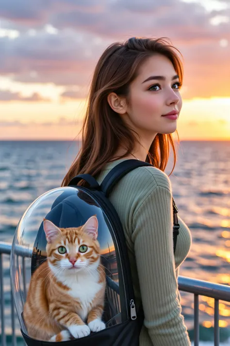 A beautiful young woman has a partially see-through, clear plastic bubble backpack with ventilation holes and a cat inside. She watches the sun go down as the cat sits comfortably inside watching us. Ultra-realistic, Photorealistic, physically-based render...