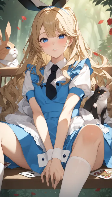 Close up of a person sitting on a bench with a cat,(Official Art、top quality、unity 8k 壁紙、32K、masterpiece、very detailed、Ultra High Definition)、great、((Alice in Wonderland))、Blonde、tie your hair with a ribbon、blue eye color do two people see、blue apron dress...